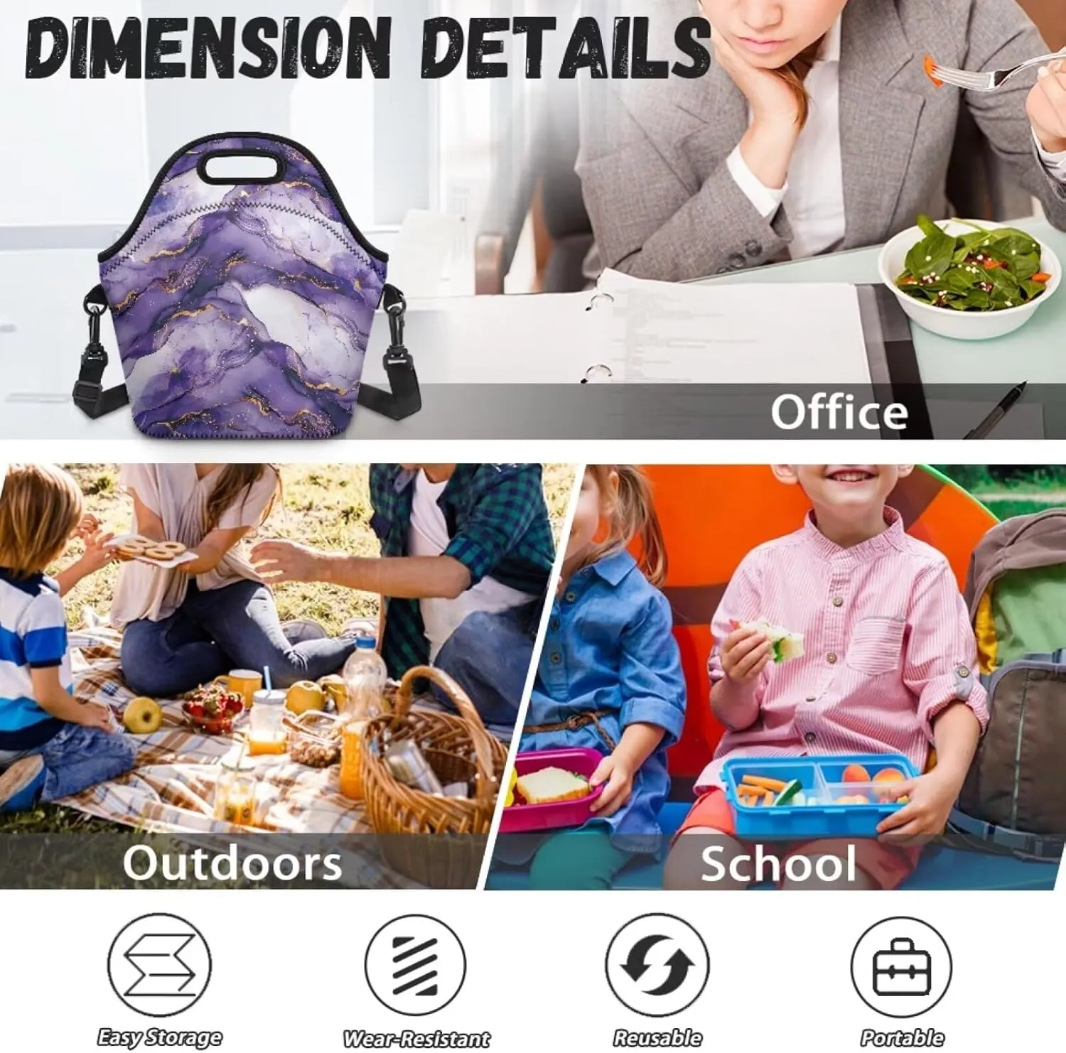 Purple Marble Lunch Bag Neoprene Lunch Box for Women Men Sling Bag Crossbody Lunch Bags with Shoulder Strap Trendy Lunch Tote Bag