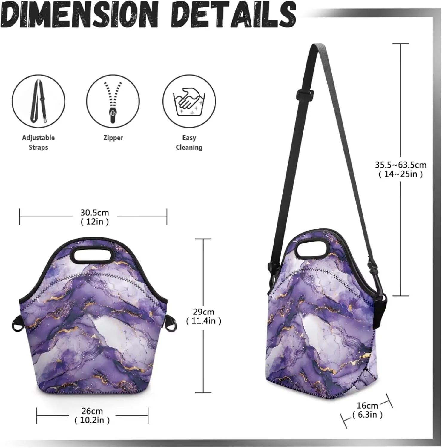 Purple Marble Lunch Bag Neoprene Lunch Box for Women Men Sling Bag Crossbody Lunch Bags with Shoulder Strap Trendy Lunch Tote Bag