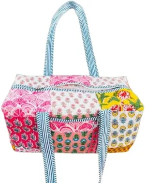 Quilted Large Travel Duffel Bag, Tote Gym Bag,Shoulder Weekender Overnight Bag for Women Floral Patchwork Handmade bags gifts 18x9x9" (Multi pacthwork)