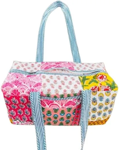 Quilted Large Travel Duffel Bag, Tote Gym Bag,Shoulder Weekender Overnight Bag for Women Floral Patchwork Handmade bags gifts 18x9x9" (Multi pacthwork)