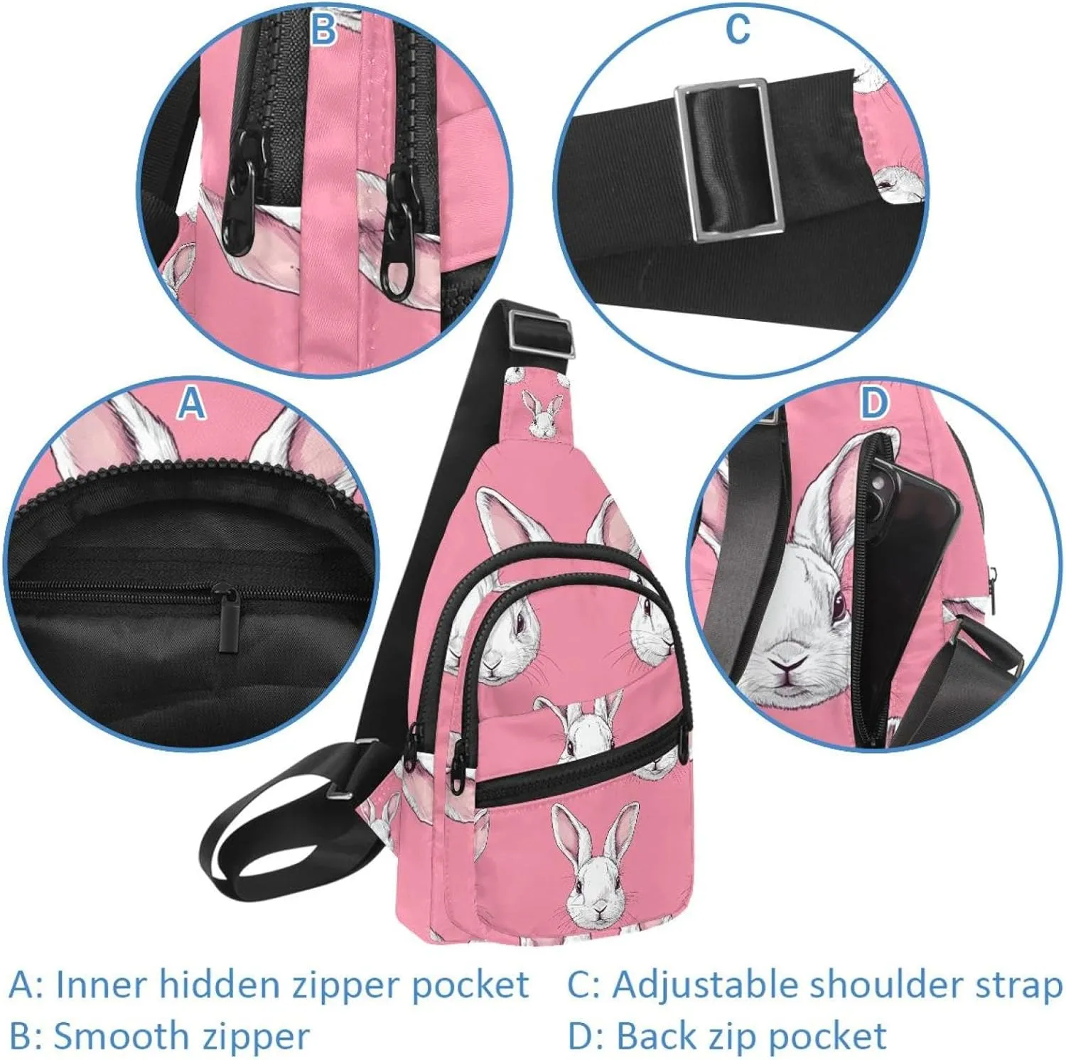 rabbit head (29) Crossbody Sling Backpack Sling Bag Travel Hiking Chest Bag Daypack