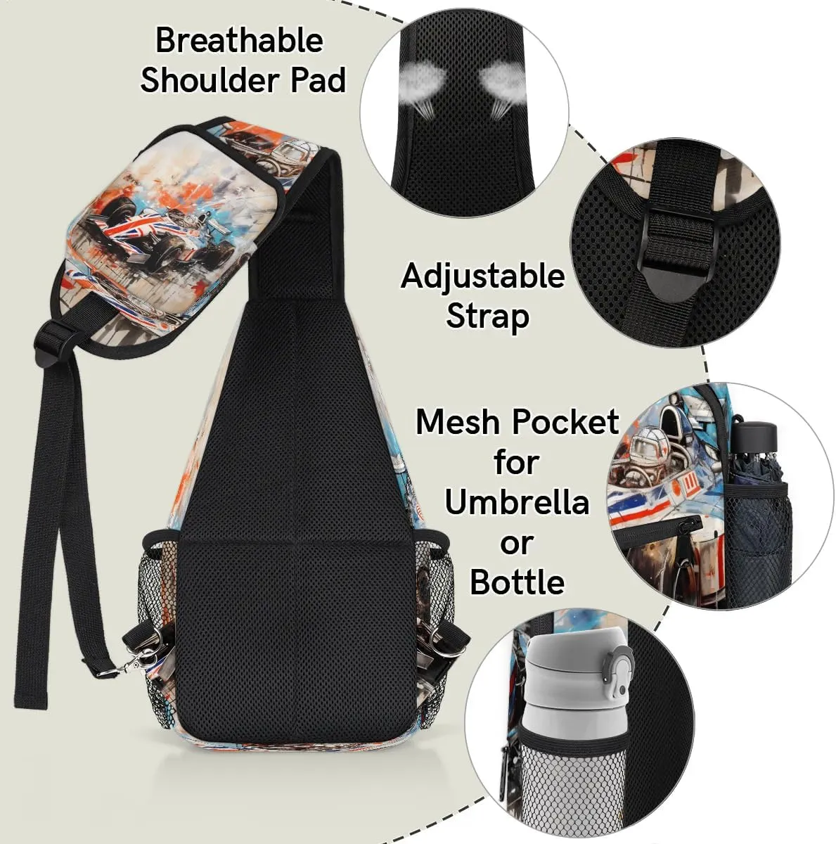 Race Car Modern Sling Bag for Women Men, Waterproof Crossbody Sling Backpack Travel Outdoor Sports Chest Bag