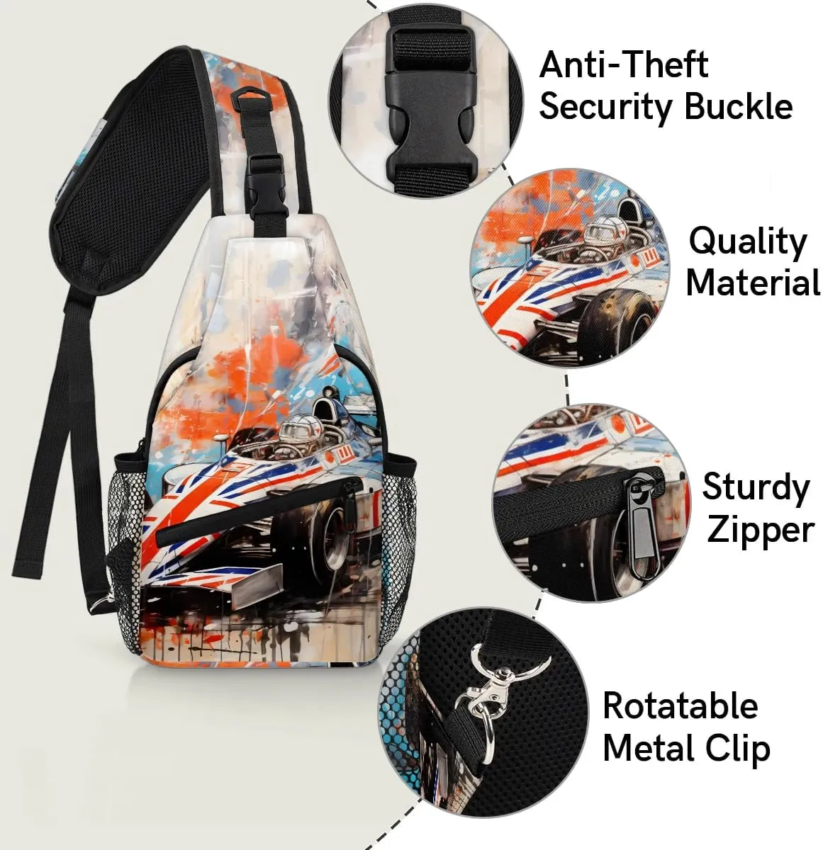 Race Car Modern Sling Bag for Women Men, Waterproof Crossbody Sling Backpack Travel Outdoor Sports Chest Bag