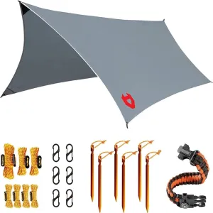 Rain Fly12x10 Lightweight Survival Camping Tarp; 100% Waterproof; Makes a Great Backpacking Tarp or Hammock Shelter; Comes in Multiple Colors, Survival Bracelet Included; Grey