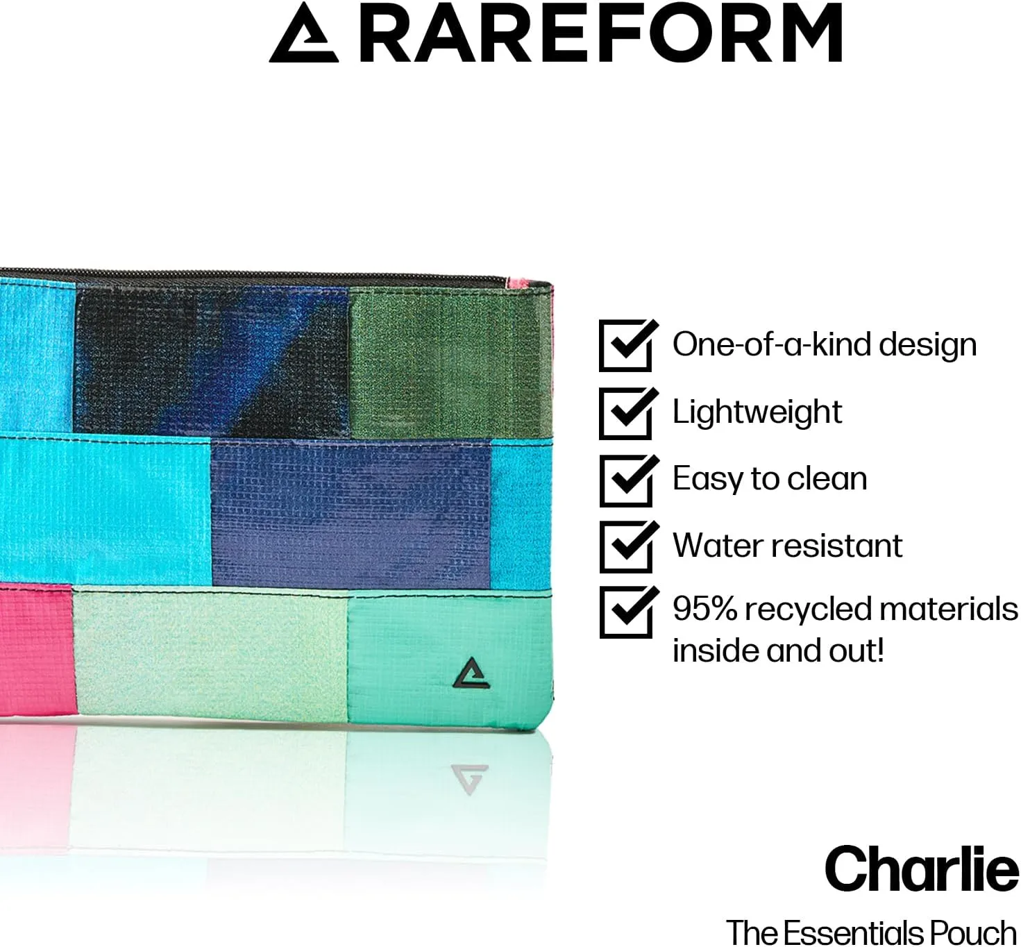Rareform Patchwork Charlie Pouch | Lightweight, Recycled Material, Water-Resistant & Easy to Clean | Inner Fleece Lining, Unique Design, Colors May Vary