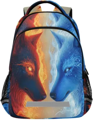 Red Blue Wolf Fire Backpack for Boys Girls Elementary School Bag Kids Travel Bags Casual Rucksack Laptop Bookbag