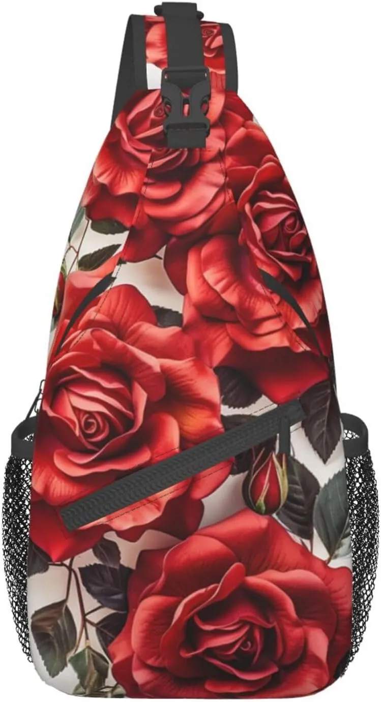 Red rose flower cluster Crossbody Sling Backpack Sling Bag for Women Hiking Daypack Chest Bag Shoulder Bag