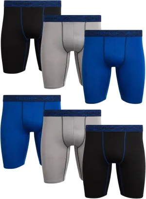 Reebok Men's Boxer Briefs - 6 Pack Sport Soft Performance Long Leg Underwear Boxers for Men with Mesh Fly Pouch (Sizes: S-XL)