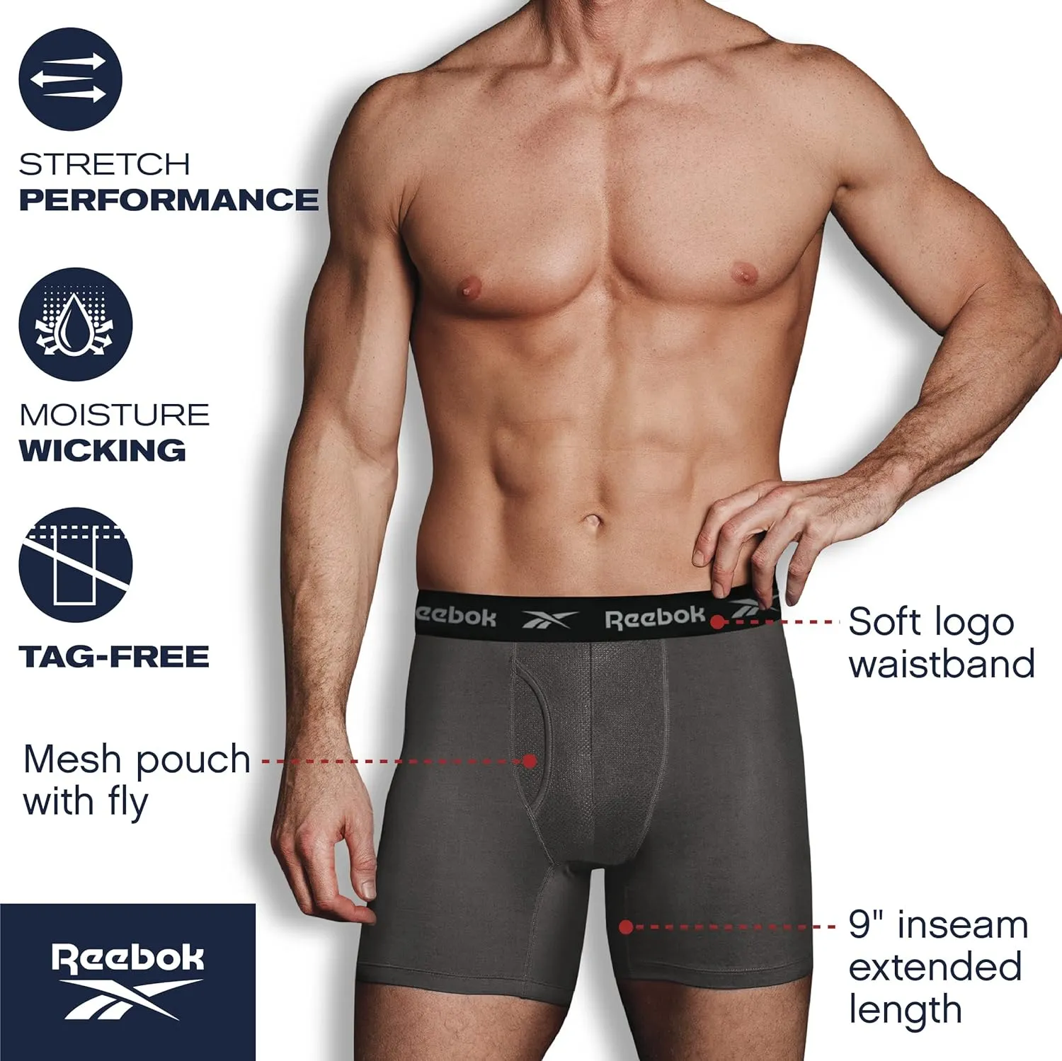 Reebok Men's Boxer Briefs - 6 Pack Sport Soft Performance Long Leg Underwear Boxers for Men with Mesh Fly Pouch (Sizes: S-XL)
