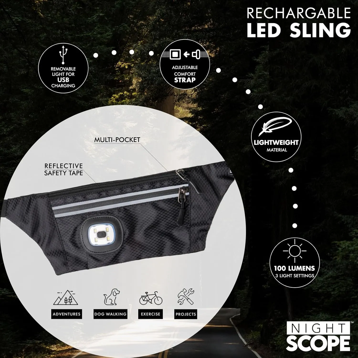 Reflective Sling/Fanny Pack with Removable Rechargable LED Light - Black