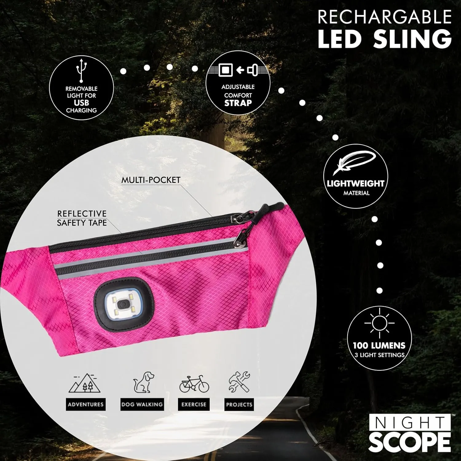 Reflective Sling/Fanny Pack with Removable Rechargable LED Light - Pink