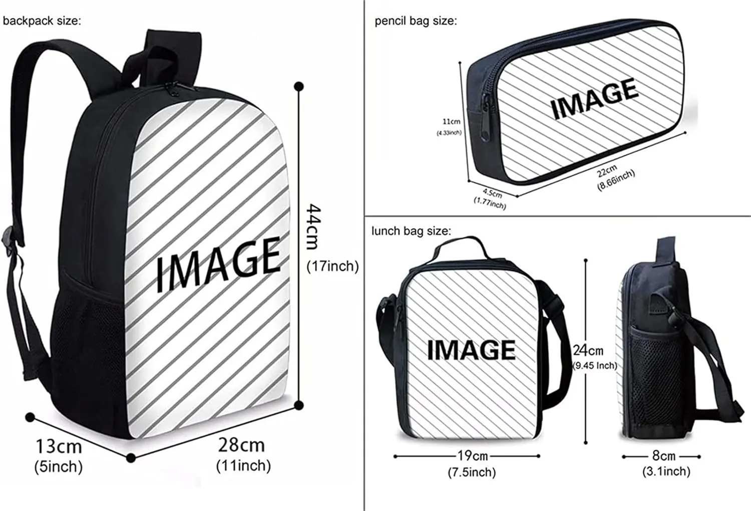 Renewold Custom Personalized 3pcs Backpack Set Add Your Own Photo School Bag Set for Preschool Primary Middle School Student Customized Bookbag with Insulated Lunch Tote Bag Pencil Pen Pouch