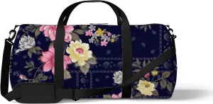 Retro Navy Blue Oriental Patchwork Flower Sports Bag Tote Bag Waterproof Gym Bag with Shoulder Strap Zipper 2 Side Pockets for Men and Women, Travel and Storage Shoulder Bag.