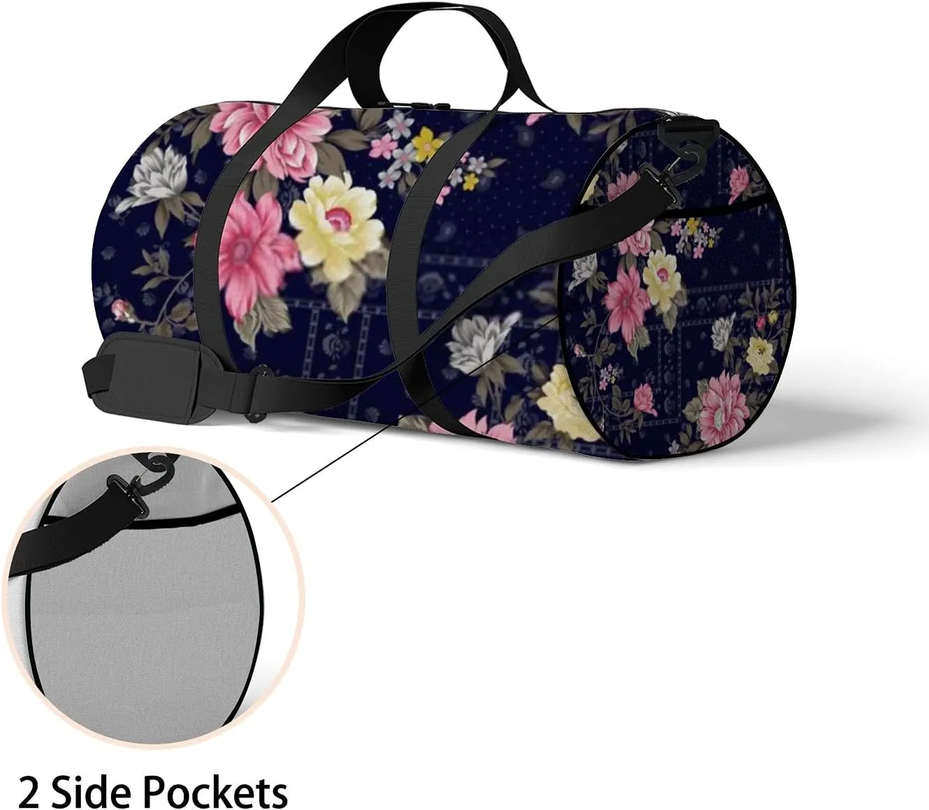 Retro Navy Blue Oriental Patchwork Flower Sports Bag Tote Bag Waterproof Gym Bag with Shoulder Strap Zipper 2 Side Pockets for Men and Women, Travel and Storage Shoulder Bag.
