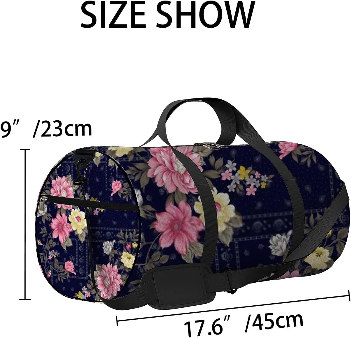 Retro Navy Blue Oriental Patchwork Flower Sports Bag Tote Bag Waterproof Gym Bag with Shoulder Strap Zipper 2 Side Pockets for Men and Women, Travel and Storage Shoulder Bag.