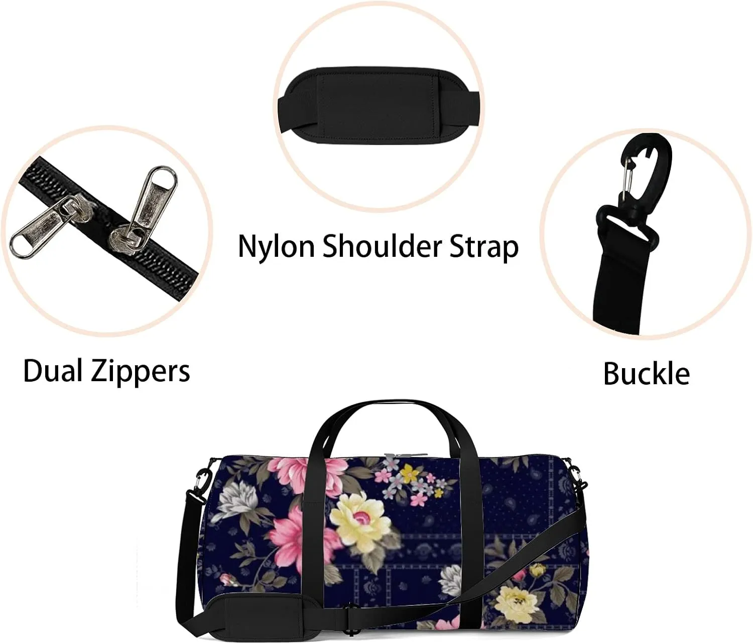 Retro Navy Blue Oriental Patchwork Flower Sports Bag Tote Bag Waterproof Gym Bag with Shoulder Strap Zipper 2 Side Pockets for Men and Women, Travel and Storage Shoulder Bag.