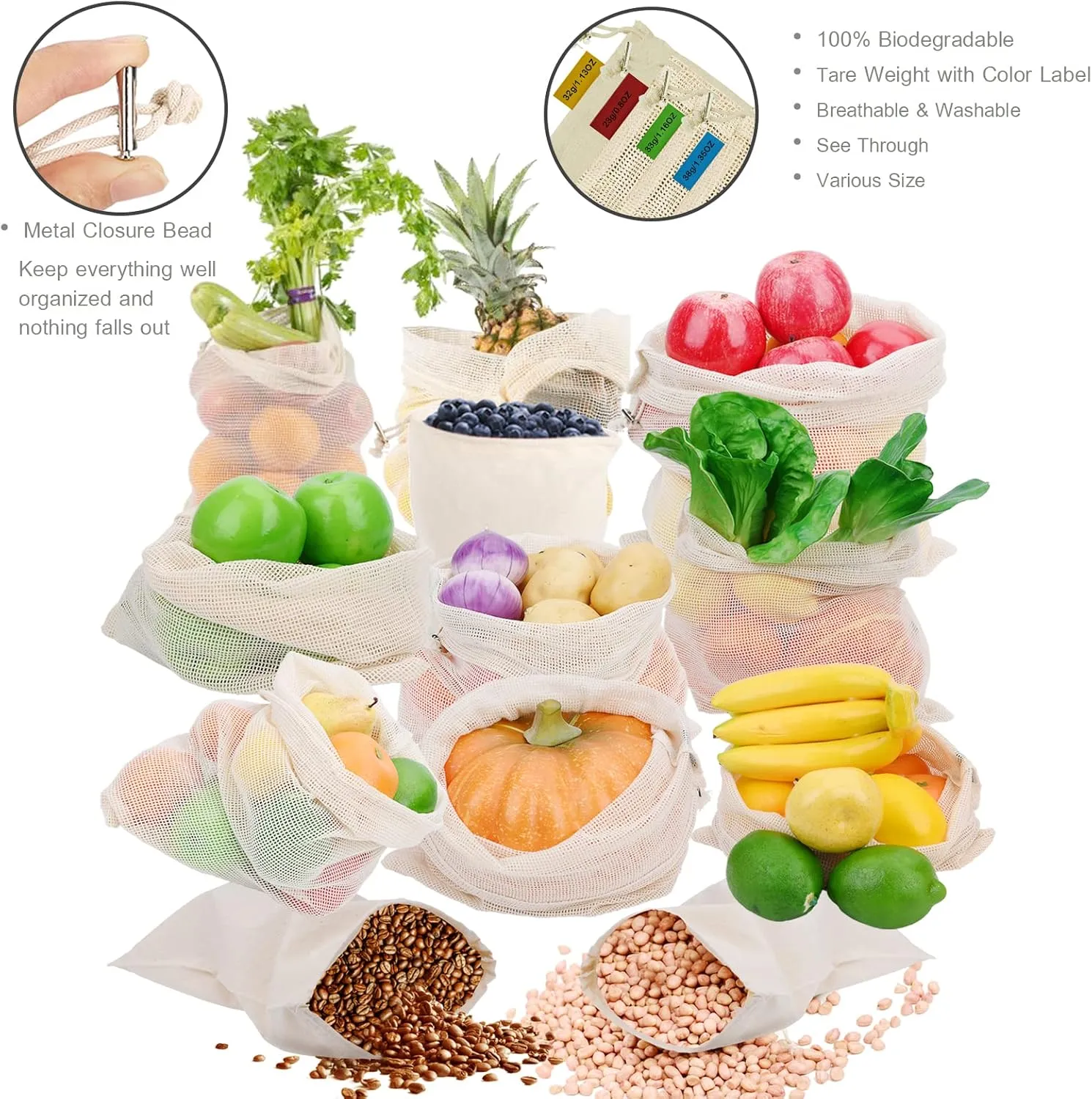 Reusable Produce Bags - Organic Cotton Mesh Bags with Drawstring for Onions, Vegetables & Fruit (12 Pack)