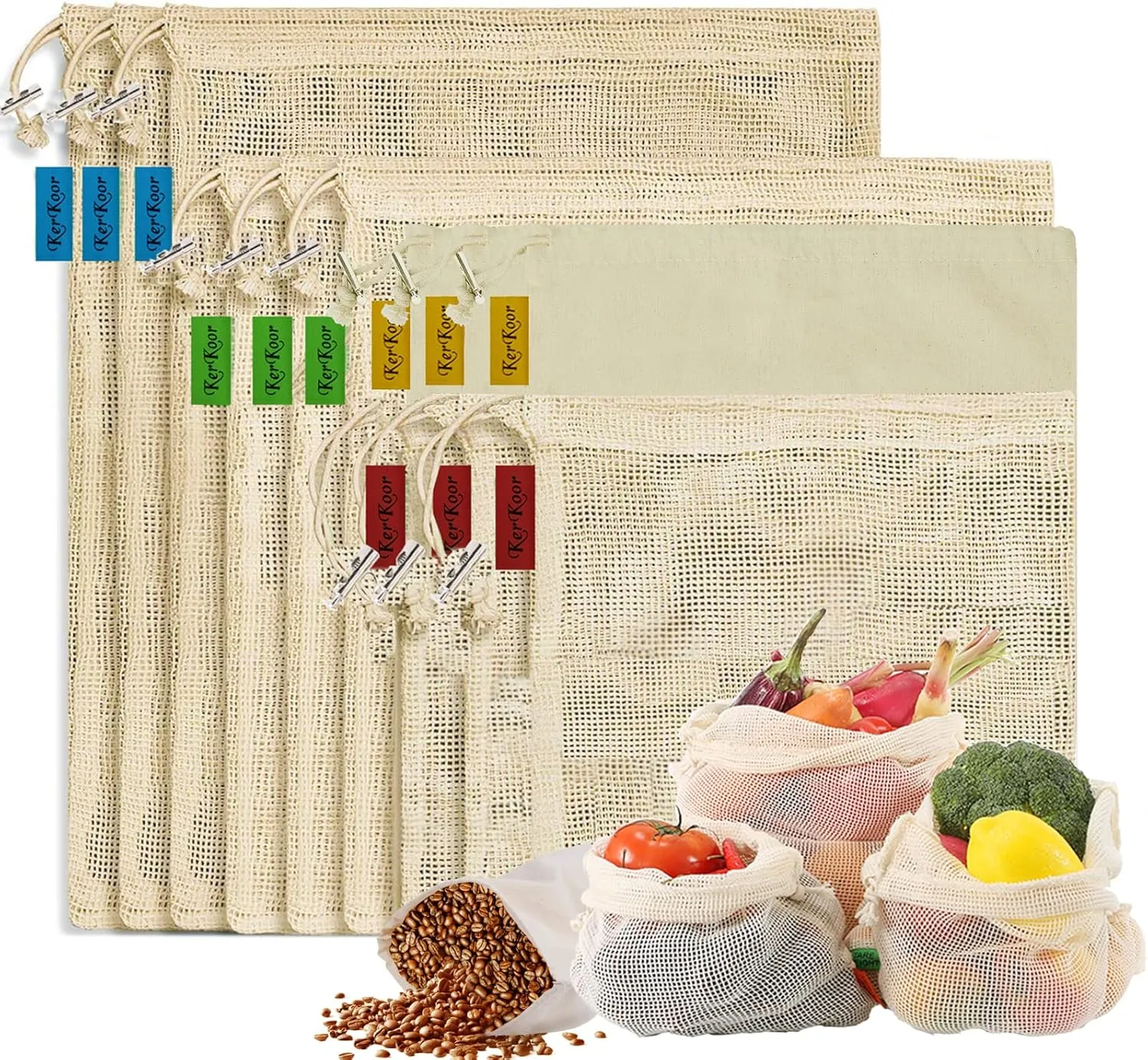 Reusable Produce Bags - Organic Cotton Mesh Bags with Drawstring for Onions, Vegetables & Fruit (12 Pack)