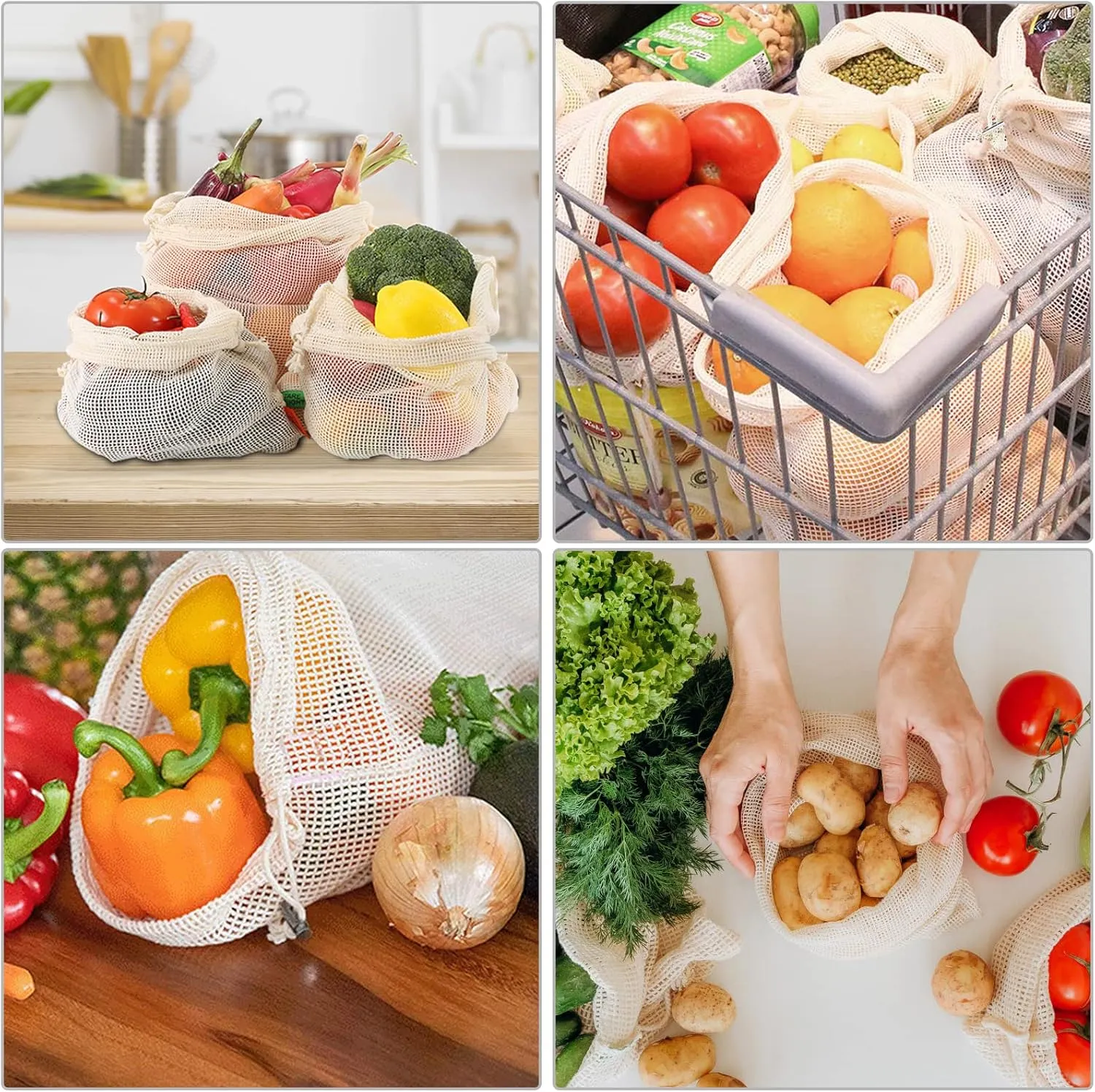 Reusable Produce Bags - Organic Cotton Mesh Bags with Drawstring for Onions, Vegetables & Fruit (12 Pack)