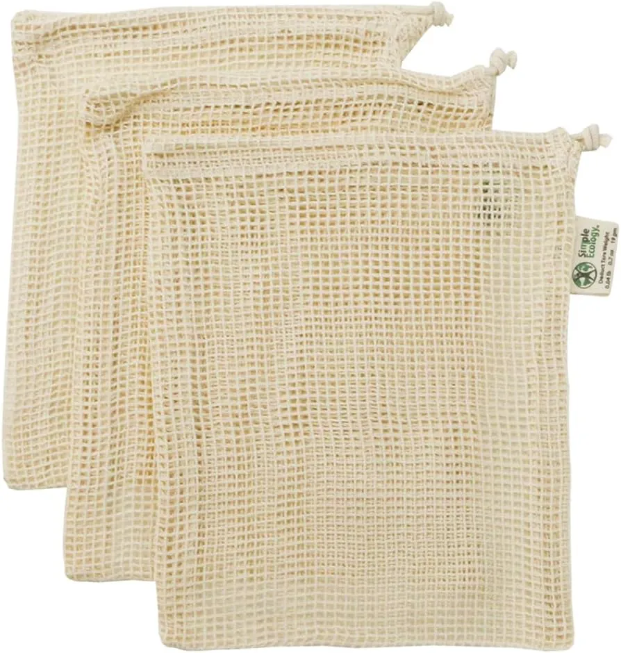 Reusable Produce Shopping and Storage Bags, Drawstring, Washable Organic Cotton Mesh, Small 3 pack