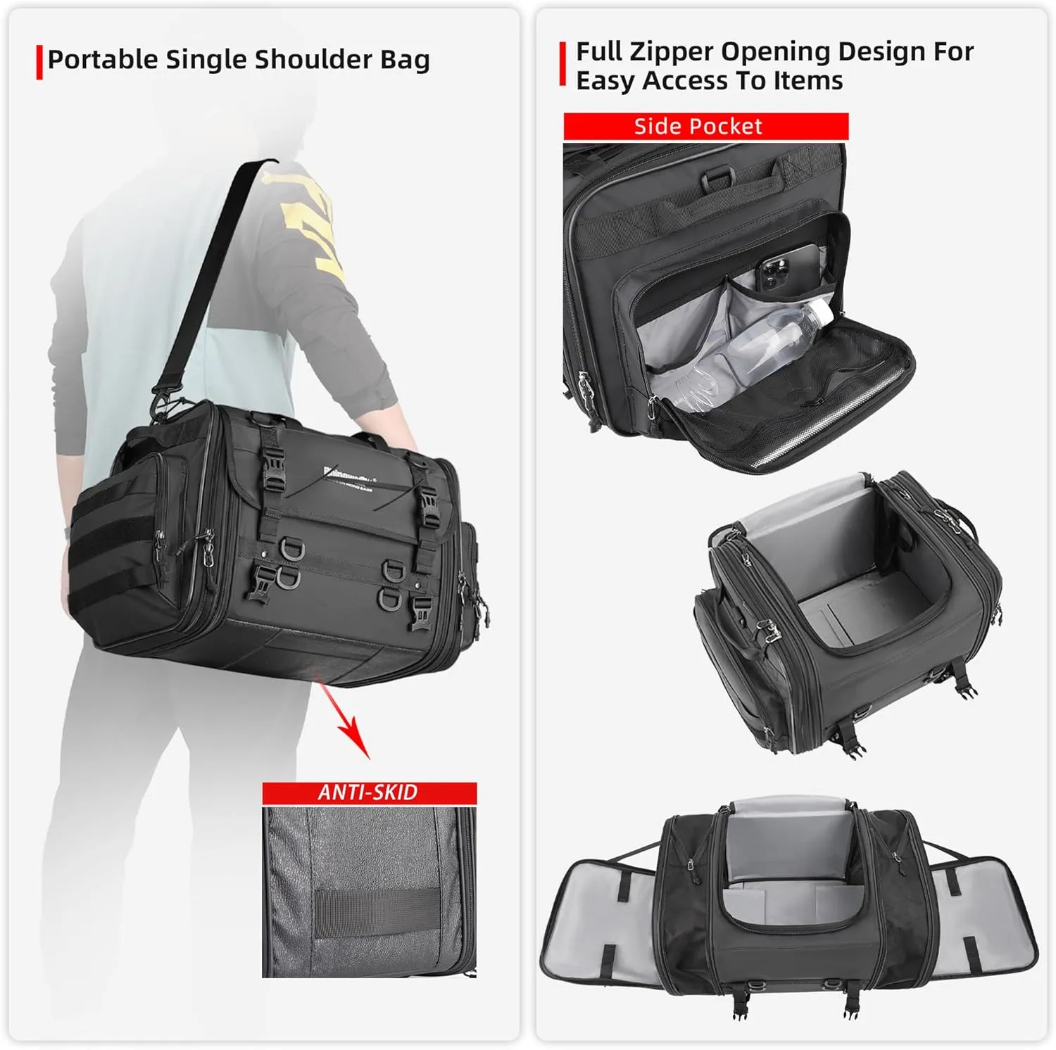 Rhinowalk Motorcycle Tail Bag Expandable Motorcycle Travel Luggage 45L Waterproof All Weather/Trunk/Rack Bag with Sissy Bar Straps-Black