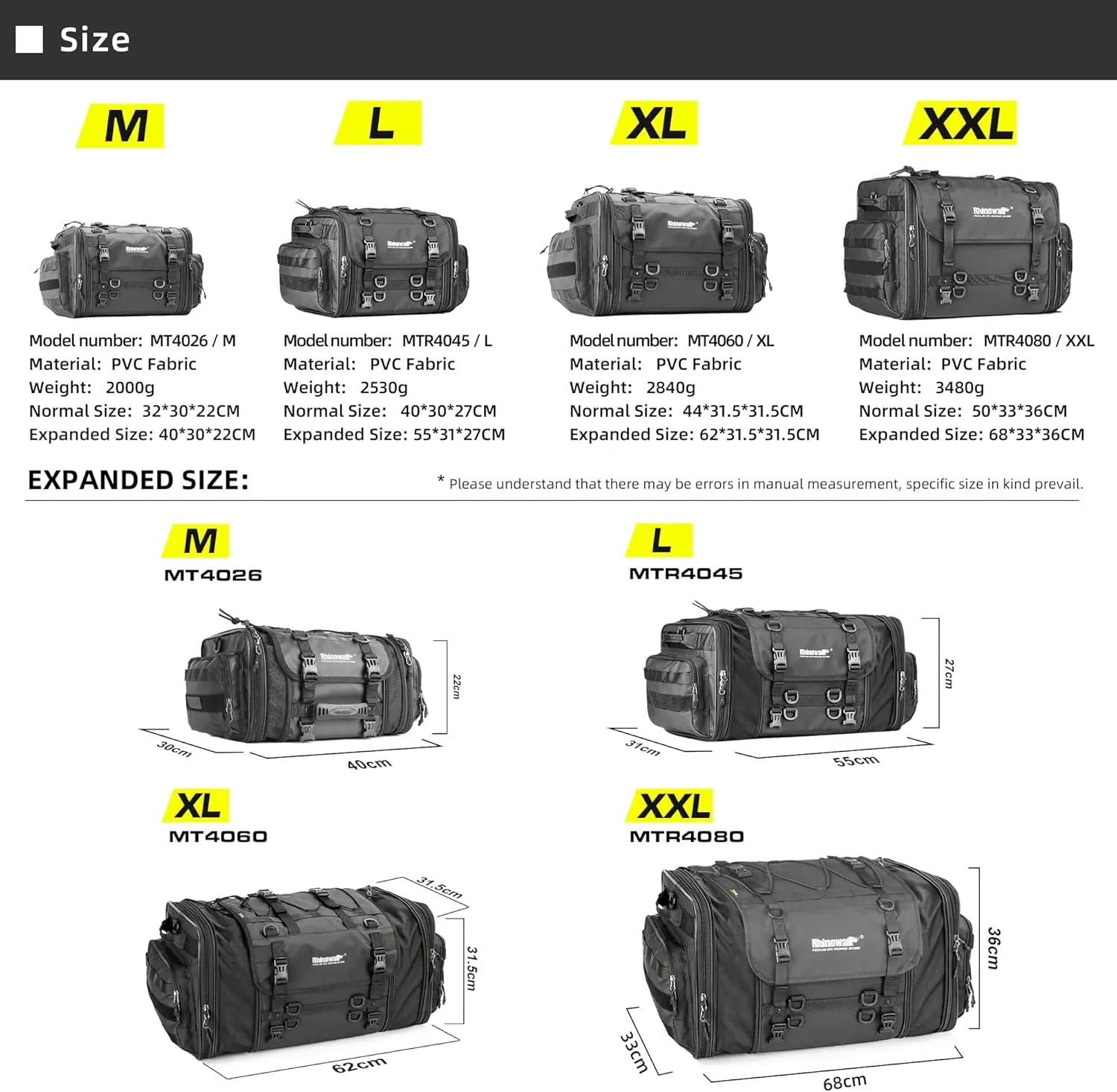 Rhinowalk Motorcycle Tail Bag Expandable Motorcycle Travel Luggage 45L Waterproof All Weather/Trunk/Rack Bag with Sissy Bar Straps-Black