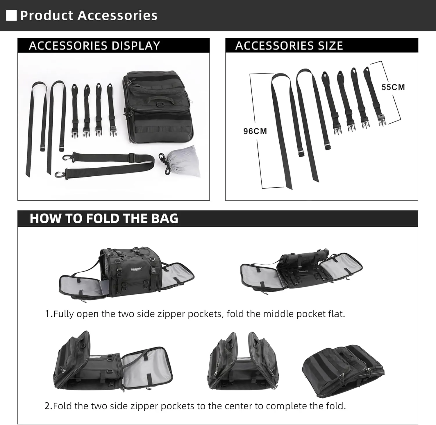 Rhinowalk Motorcycle Tail Bag Expandable Motorcycle Travel Luggage 45L Waterproof All Weather/Trunk/Rack Bag with Sissy Bar Straps-Black