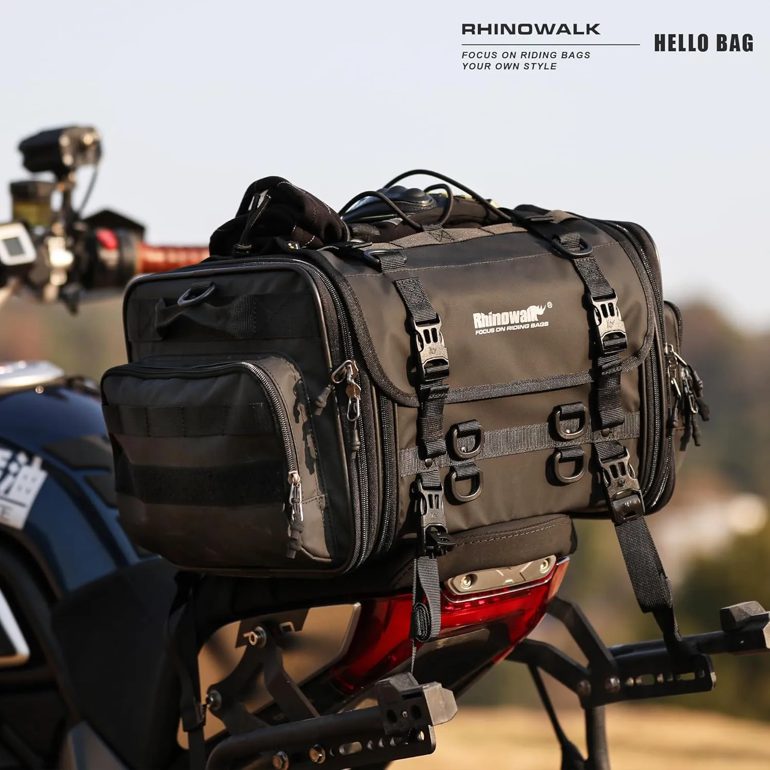 Rhinowalk Motorcycle Tail Bag Expandable Motorcycle Travel Luggage 45L Waterproof All Weather/Trunk/Rack Bag with Sissy Bar Straps-Black