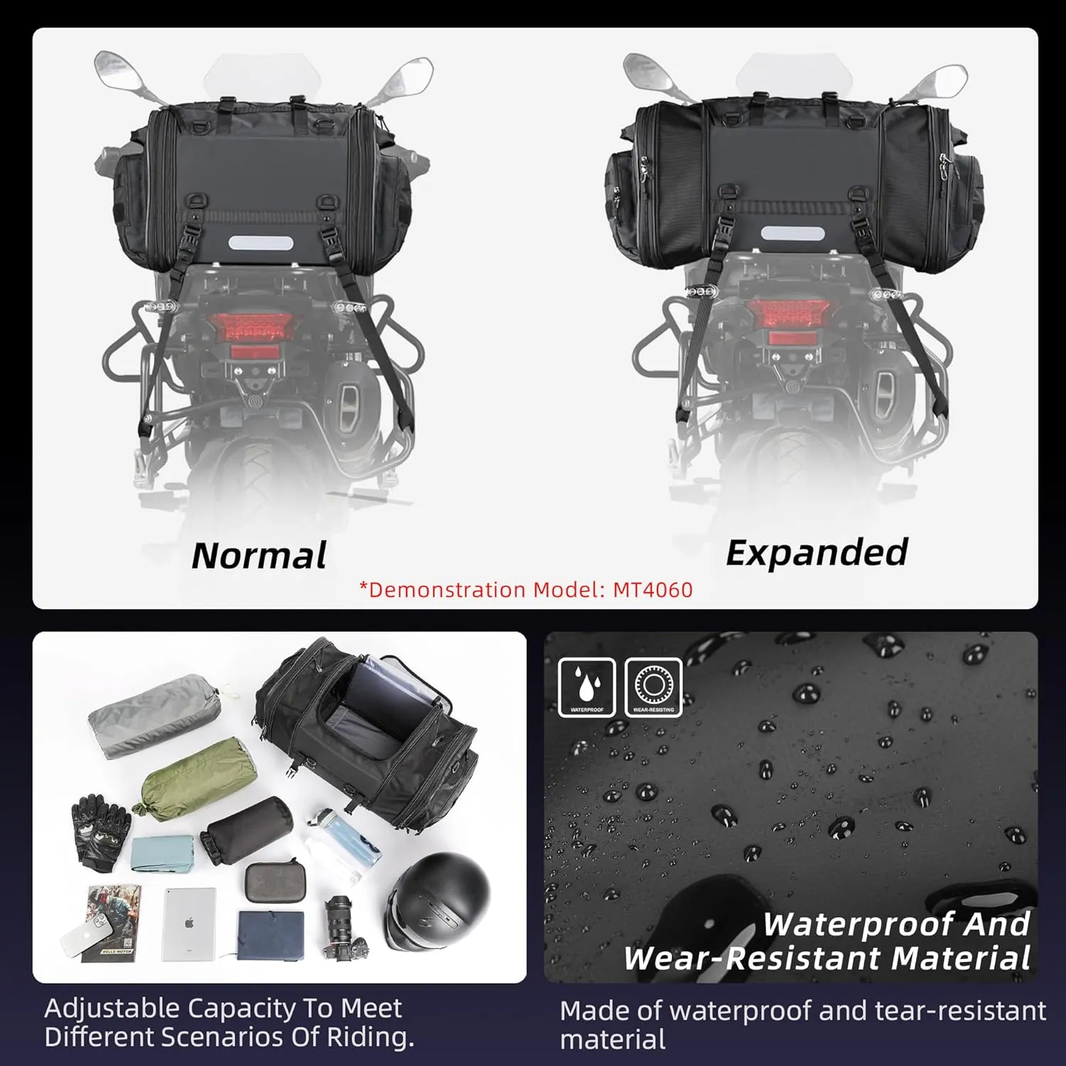 Rhinowalk Motorcycle Tail Bag Expandable Motorcycle Travel Luggage 45L Waterproof All Weather/Trunk/Rack Bag with Sissy Bar Straps-Black