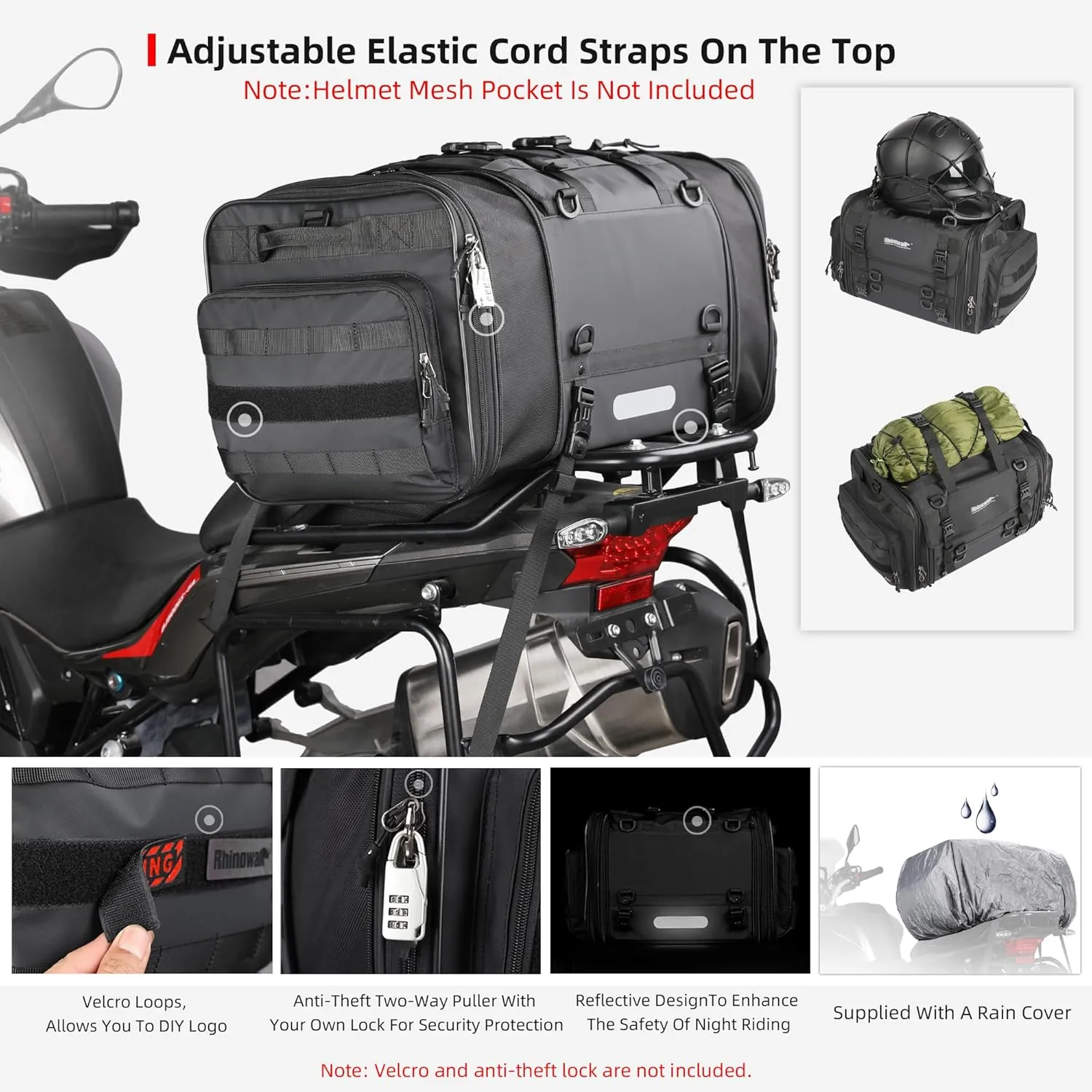 Rhinowalk Motorcycle Tail Bag Expandable Motorcycle Travel Luggage 45L Waterproof All Weather/Trunk/Rack Bag with Sissy Bar Straps-Black