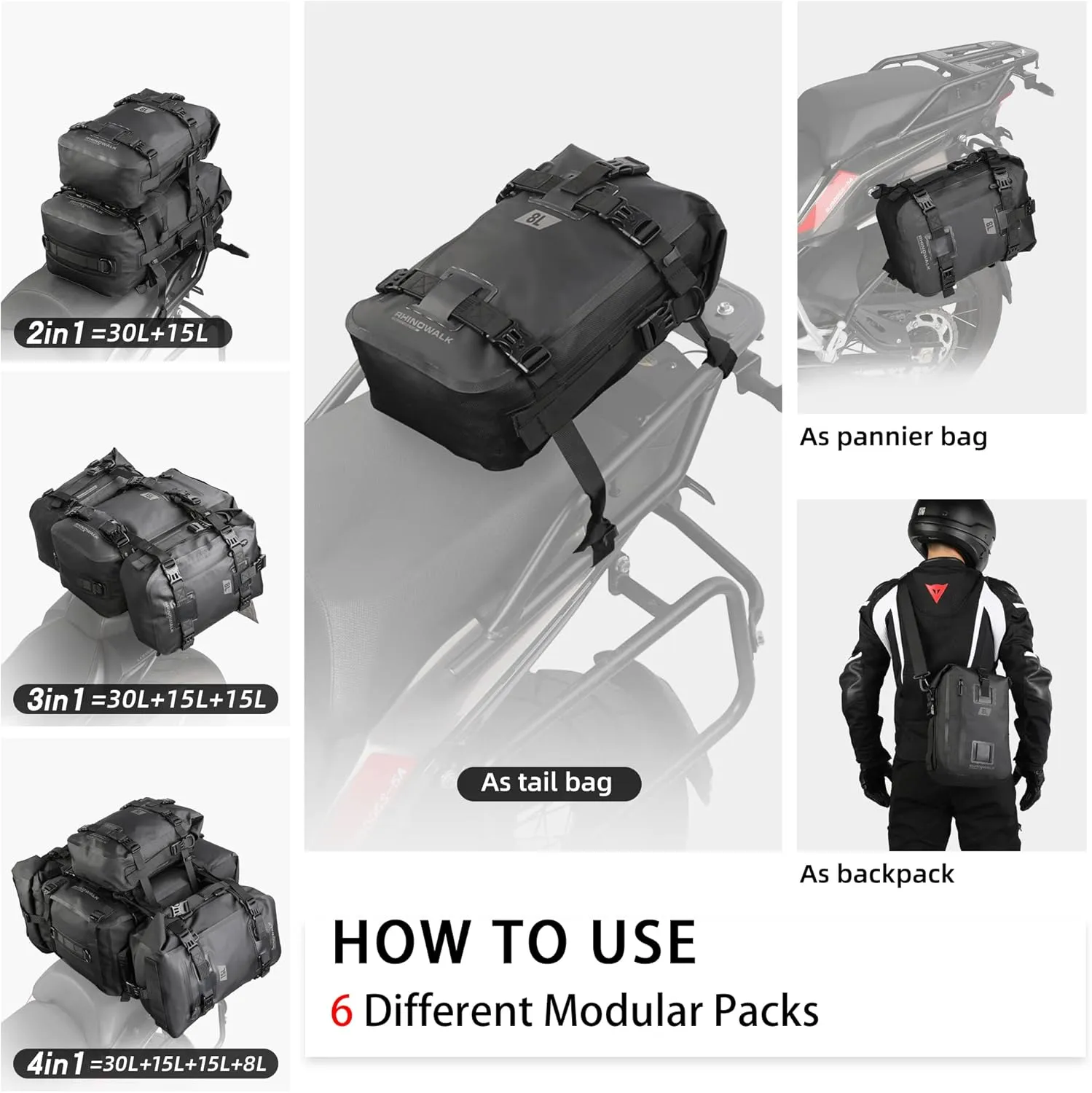 Rhinowalk Motorcycle Tail Bag, Motorcycle Rear Seat Bag, motorcycle backpack, motorcycle luggage, Multifunctional Waterproof Rear Rack Trunk Motorcycle Seat Bag, Black 8L