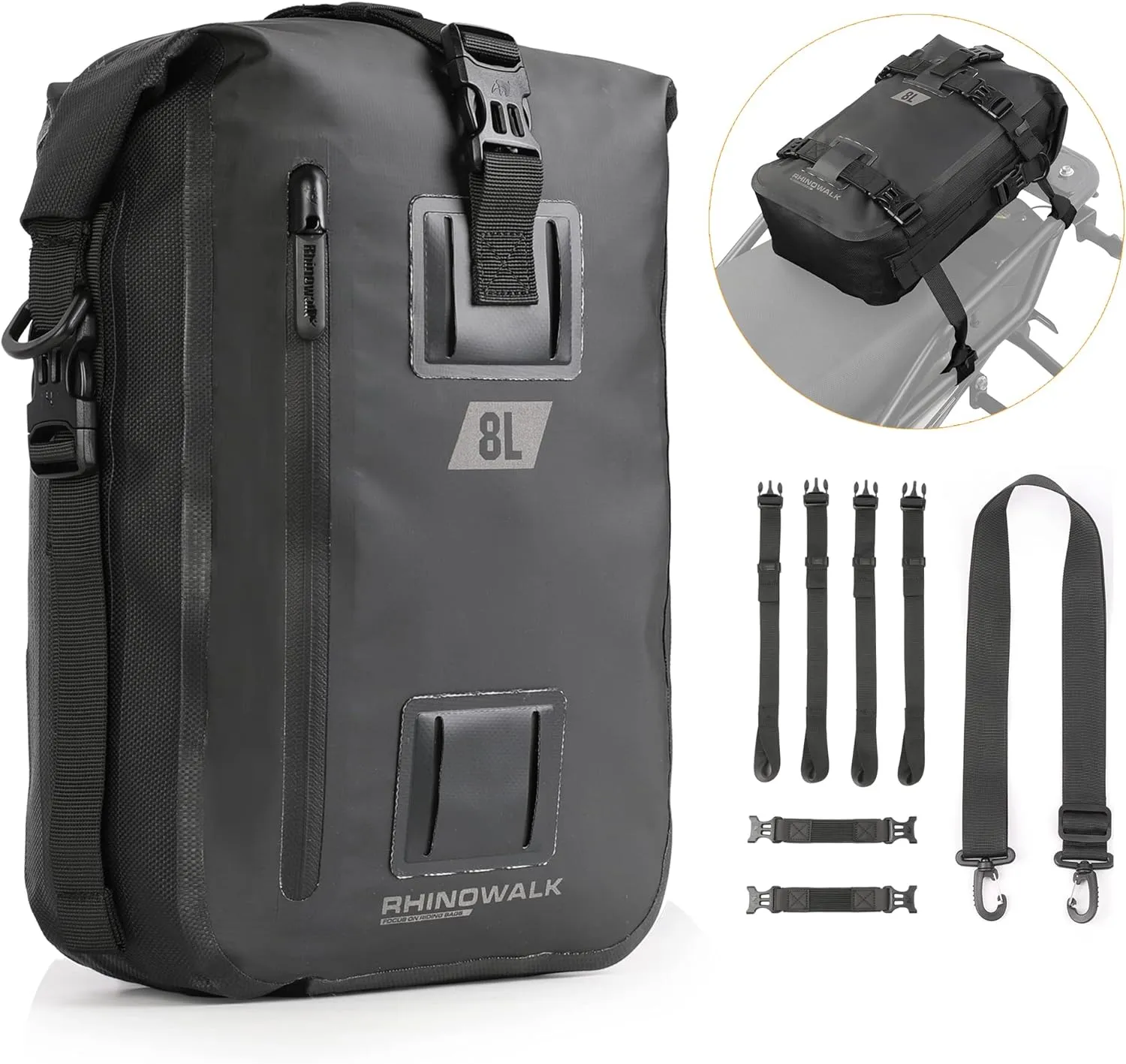 Rhinowalk Motorcycle Tail Bag, Motorcycle Rear Seat Bag, motorcycle backpack, motorcycle luggage, Multifunctional Waterproof Rear Rack Trunk Motorcycle Seat Bag, Black 8L