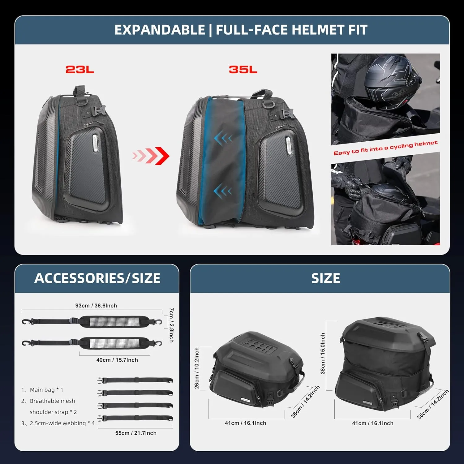 Rhinowalk Motorcycle Tail Bag Rear Seat Bag Hard Shell Waterproof 23-35L Expandable Motorbike Helmet Bag Luggage Bag Storage Bag