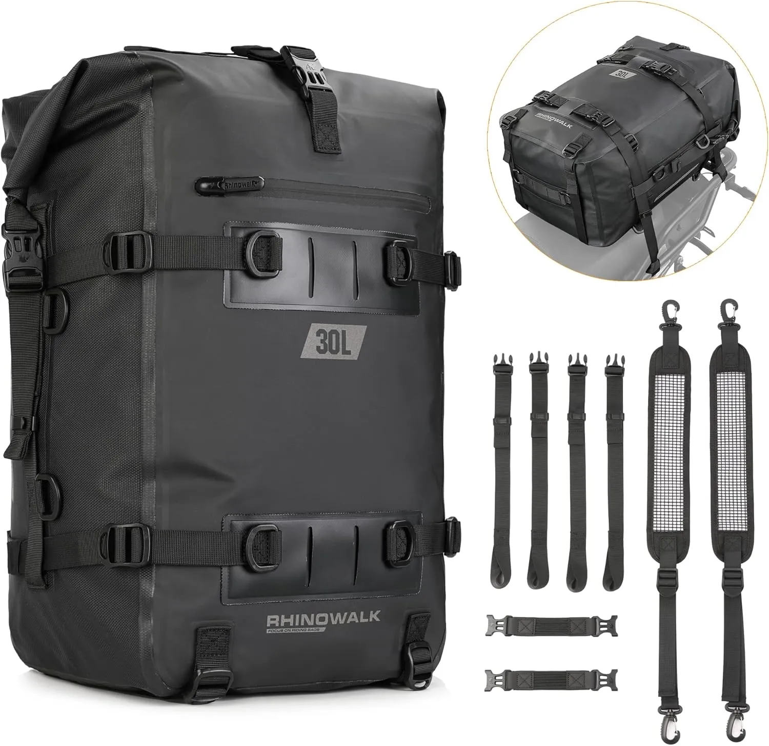 Rhinowalk Multifunctional Waterproof Rear Rack Trunk Motorcycle Seat Bag, Black 30L