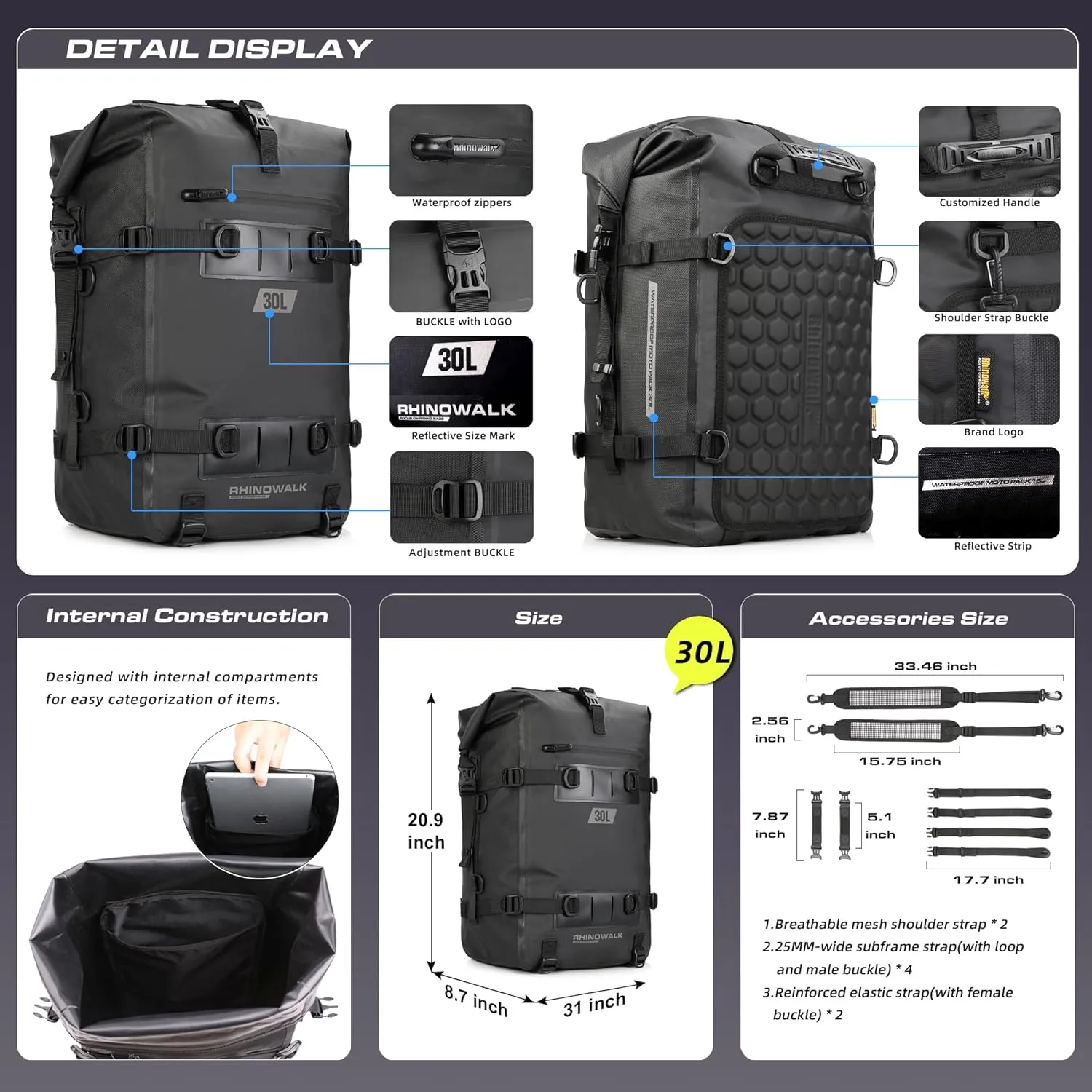 Rhinowalk Multifunctional Waterproof Rear Rack Trunk Motorcycle Seat Bag, Black 30L