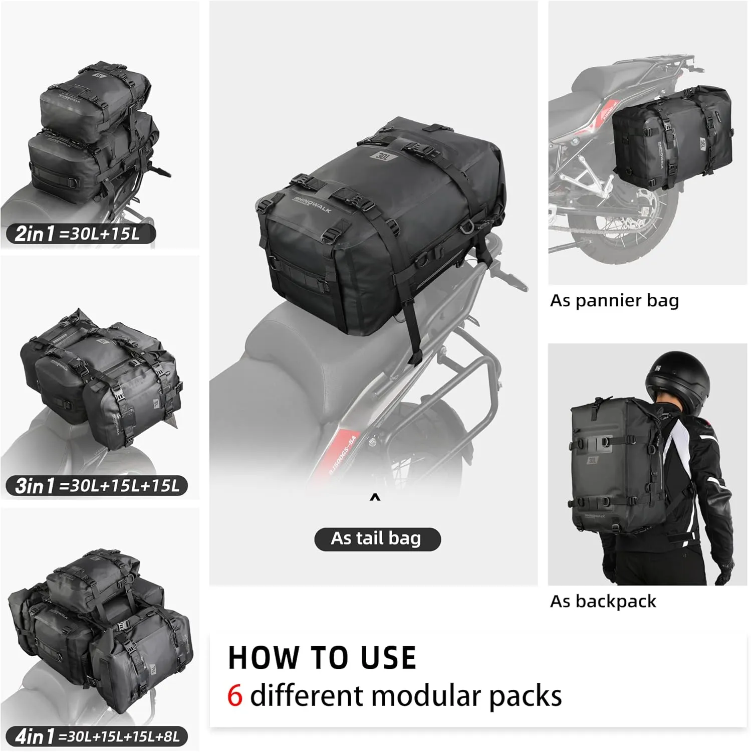Rhinowalk Multifunctional Waterproof Rear Rack Trunk Motorcycle Seat Bag, Black 30L