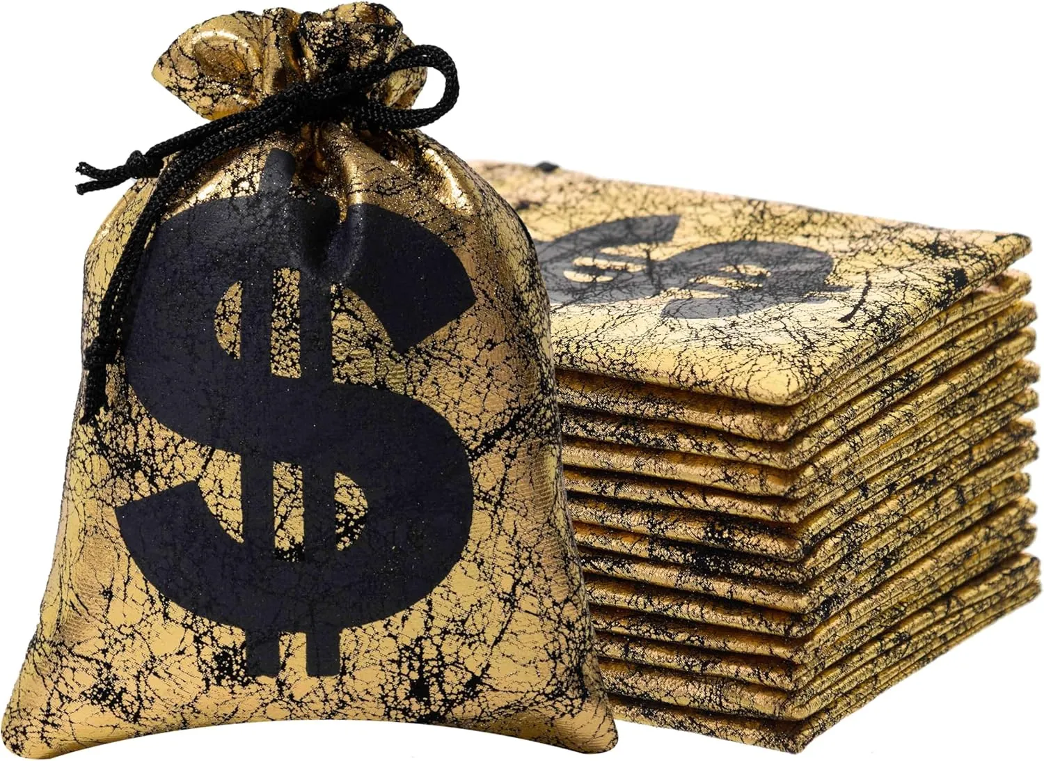 RICHNESS Money Bag with Dollar Sign 4.5X6 Inch Faux Leather Costume Money Bag Pouch with Drawstring Closure Treasure Sack for Bank Robber Old West Pirate Cowboy Casino Theme Party Pack of 12