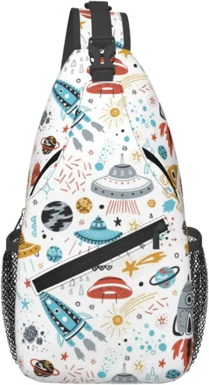 Rocket Flying Saucers Sling Bag for Men Women Lightweight Shoulder Chest Bags Multipurpose Sling Backpack Adjustable Casual Crossbody Backpack for Outdoor Travel Cycling Gym Hiking Daypack