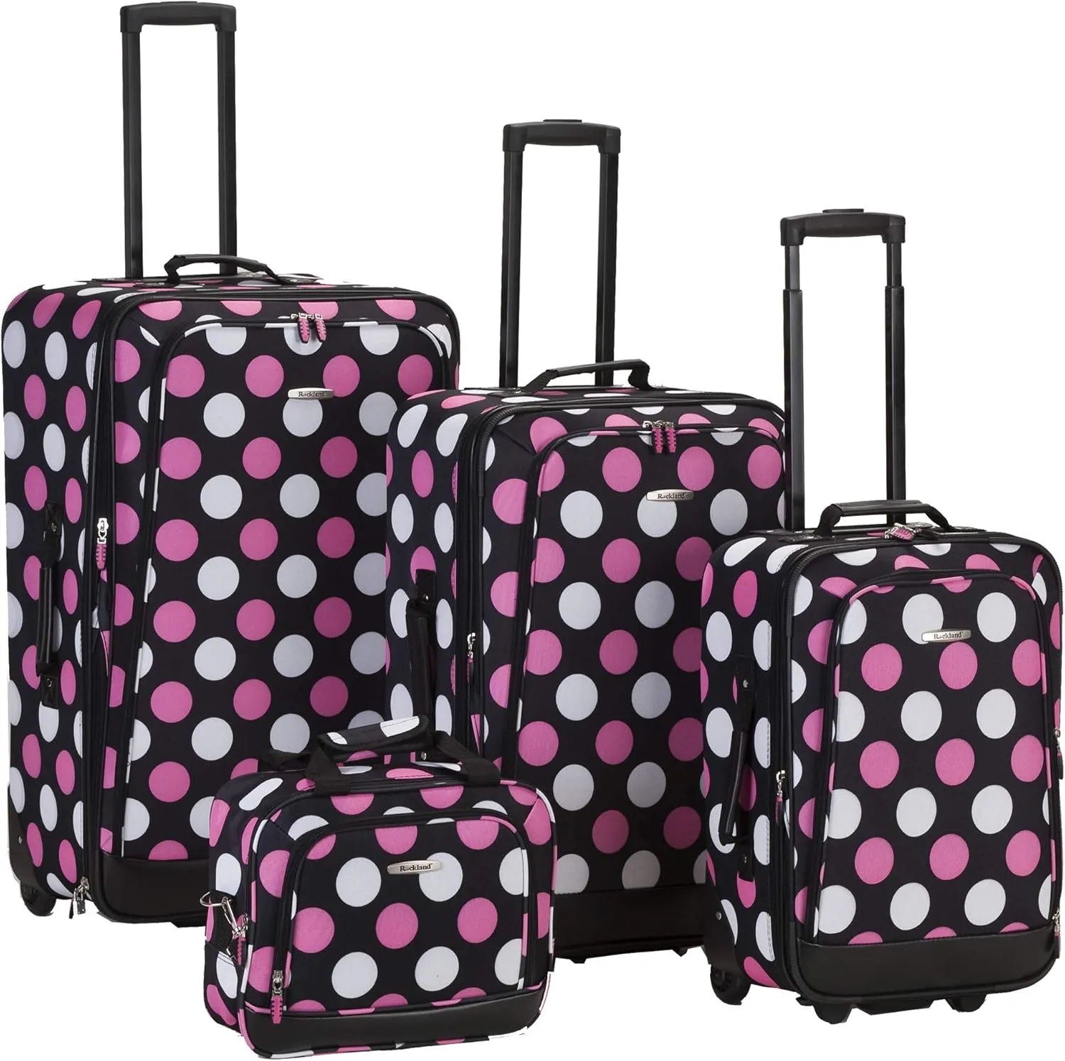 Rockland Escape 4-Piece Softside Upright Luggage Set, Telescoping Handles, Multi/Pink Dot, (14/19/24/28)