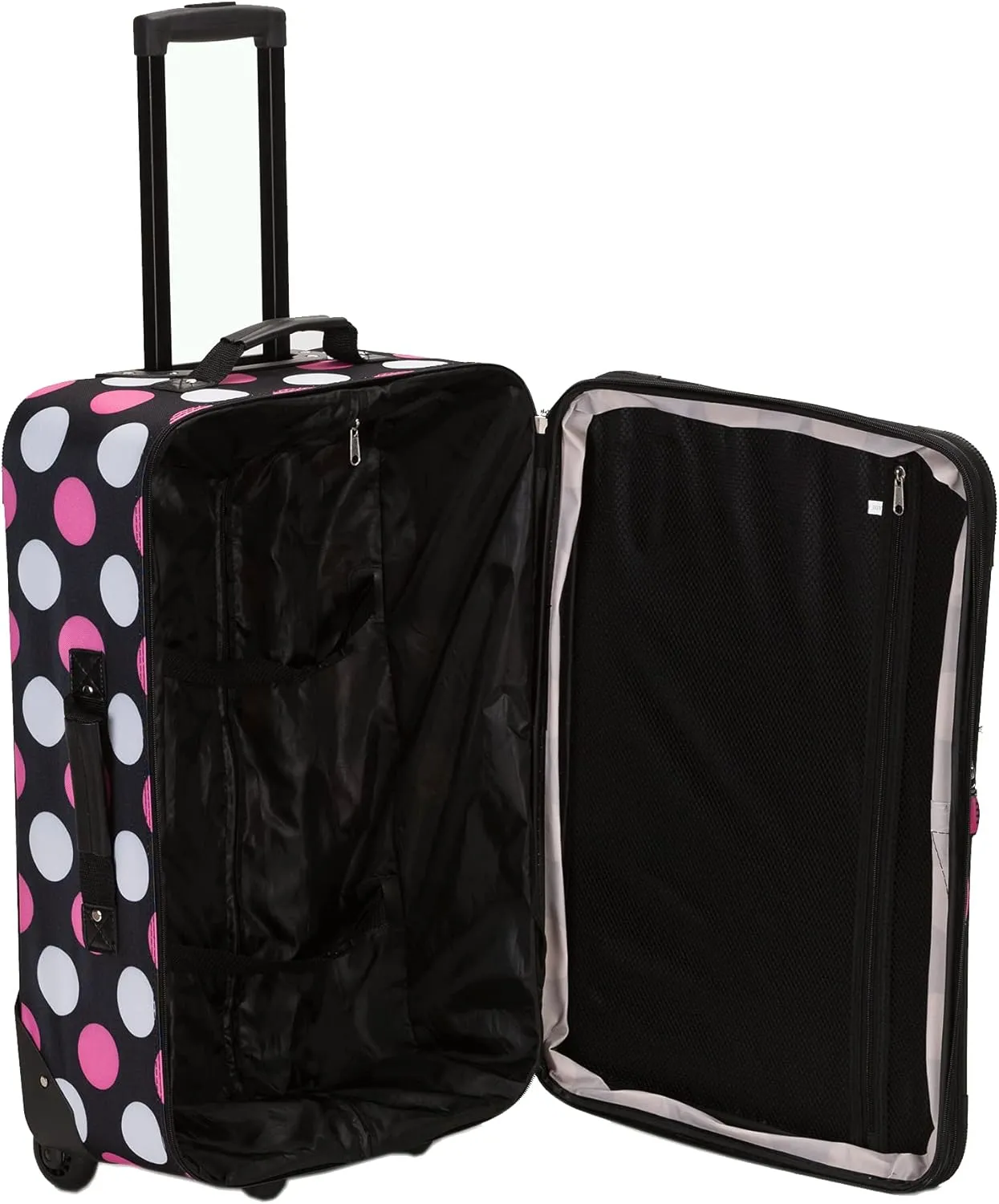 Rockland Escape 4-Piece Softside Upright Luggage Set, Telescoping Handles, Multi/Pink Dot, (14/19/24/28)