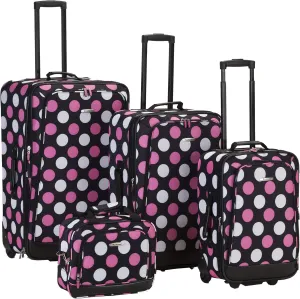 Rockland Escape 4-Piece Softside Upright Luggage Set, Telescoping Handles, Multi/Pink Dot, (14/19/24/28)