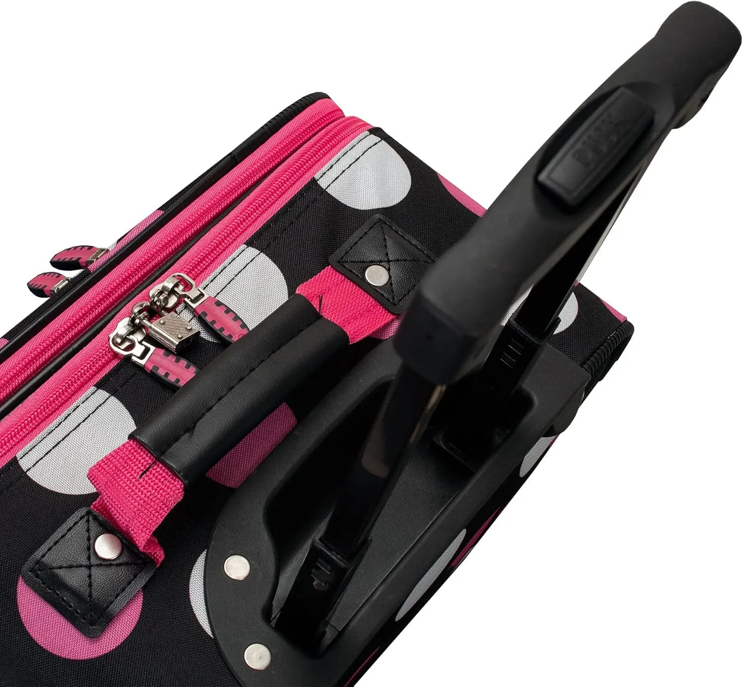 Rockland Escape 4-Piece Softside Upright Luggage Set, Telescoping Handles, Multi/Pink Dot, (14/19/24/28)