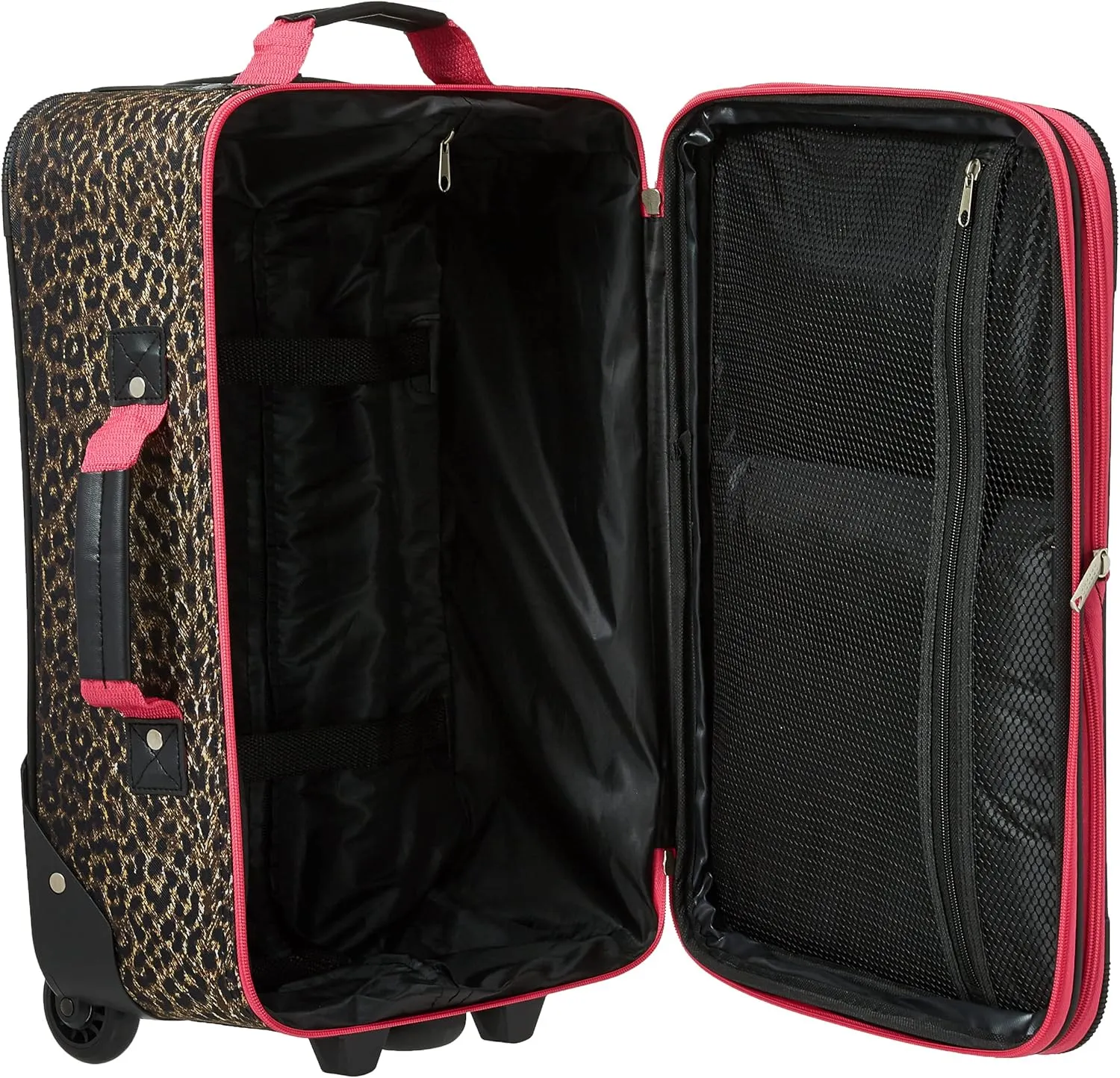 Rockland Fashion Softside Upright Luggage Set, Expandable,Lightweight,Telescopic Handle,Wheel, Pink Leopard, 2-Piece (14/19)