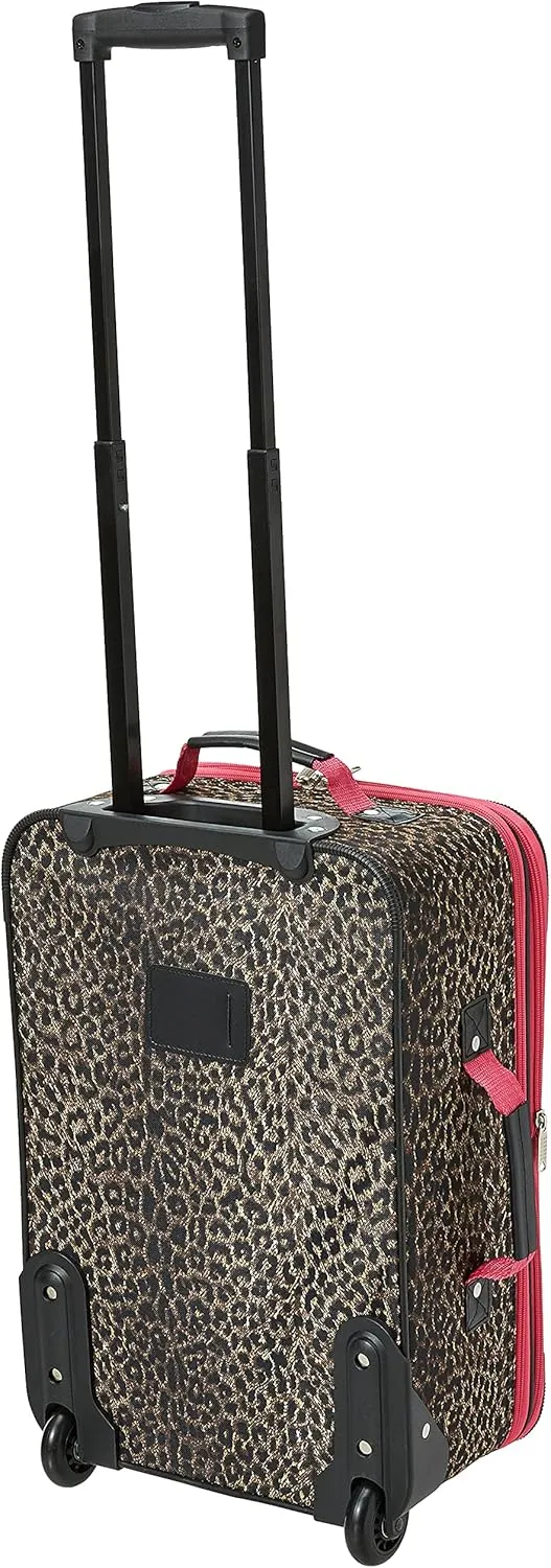 Rockland Fashion Softside Upright Luggage Set, Expandable,Lightweight,Telescopic Handle,Wheel, Pink Leopard, 2-Piece (14/19)