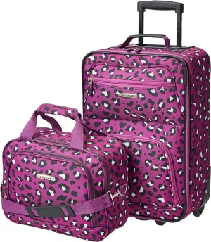 Rockland Fashion Softside Upright Luggage Set, Expandable,Telescopic Handle,Wheel, Purple Leopard, 2-Piece (14/19)