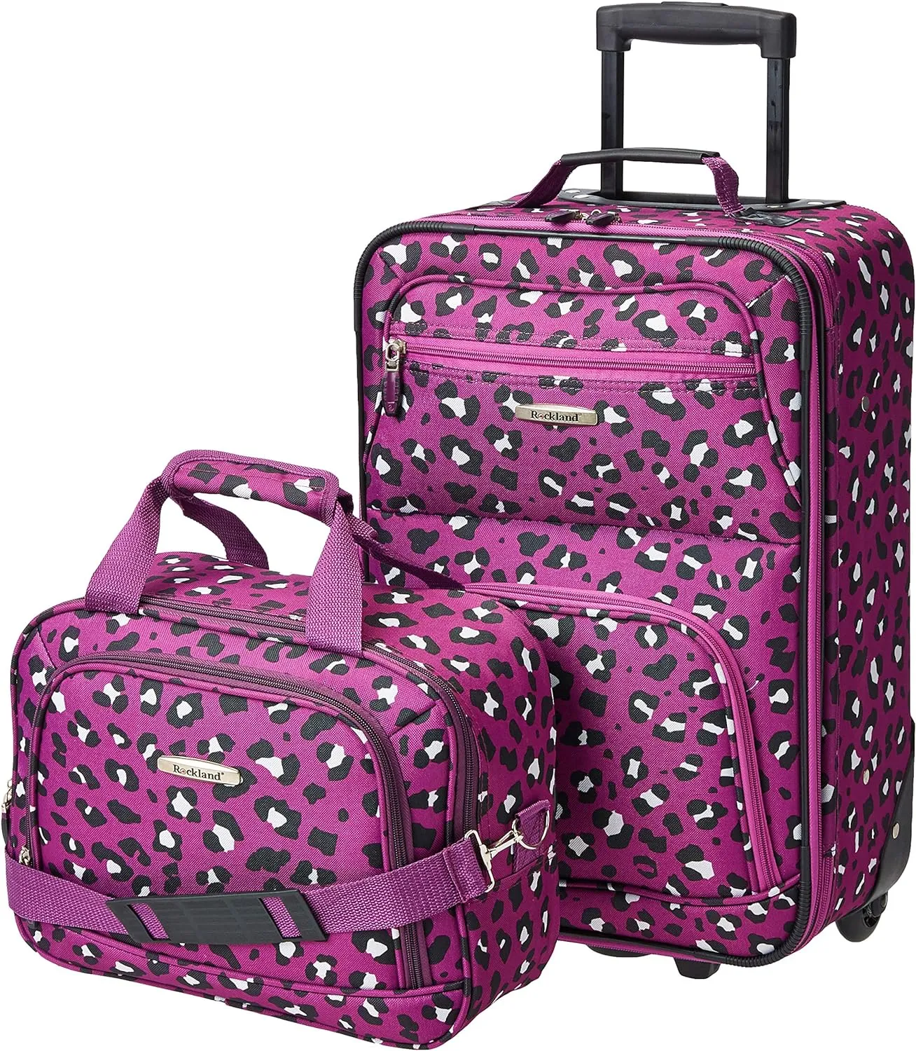 Rockland Fashion Softside Upright Luggage Set, Expandable,Telescopic Handle,Wheel, Purple Leopard, 2-Piece (14/19)