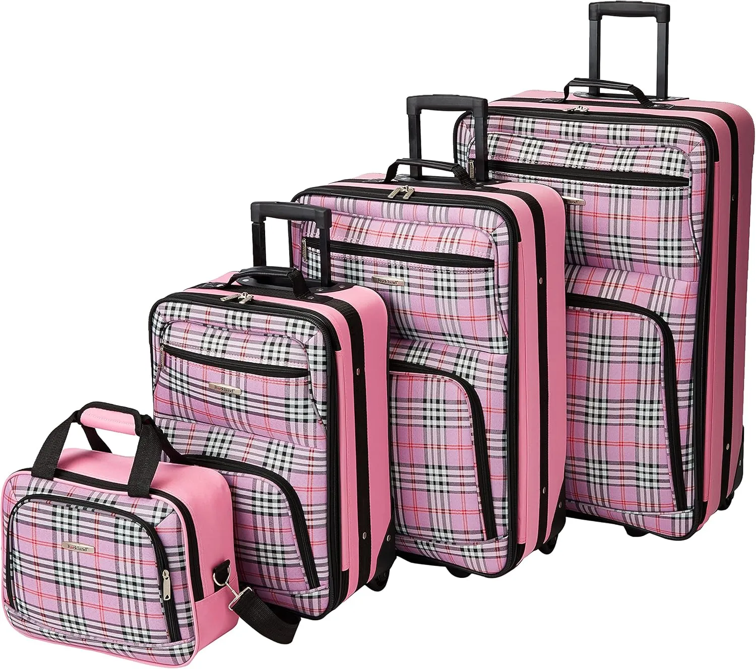 Rockland Fashion Softside Upright Luggage Set, Telescoping Handles, Pink Cross, 4-Piece (14/19/24/28)