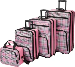 Rockland Fashion Softside Upright Luggage Set, Telescoping Handles, Pink Cross, 4-Piece (14/19/24/28)
