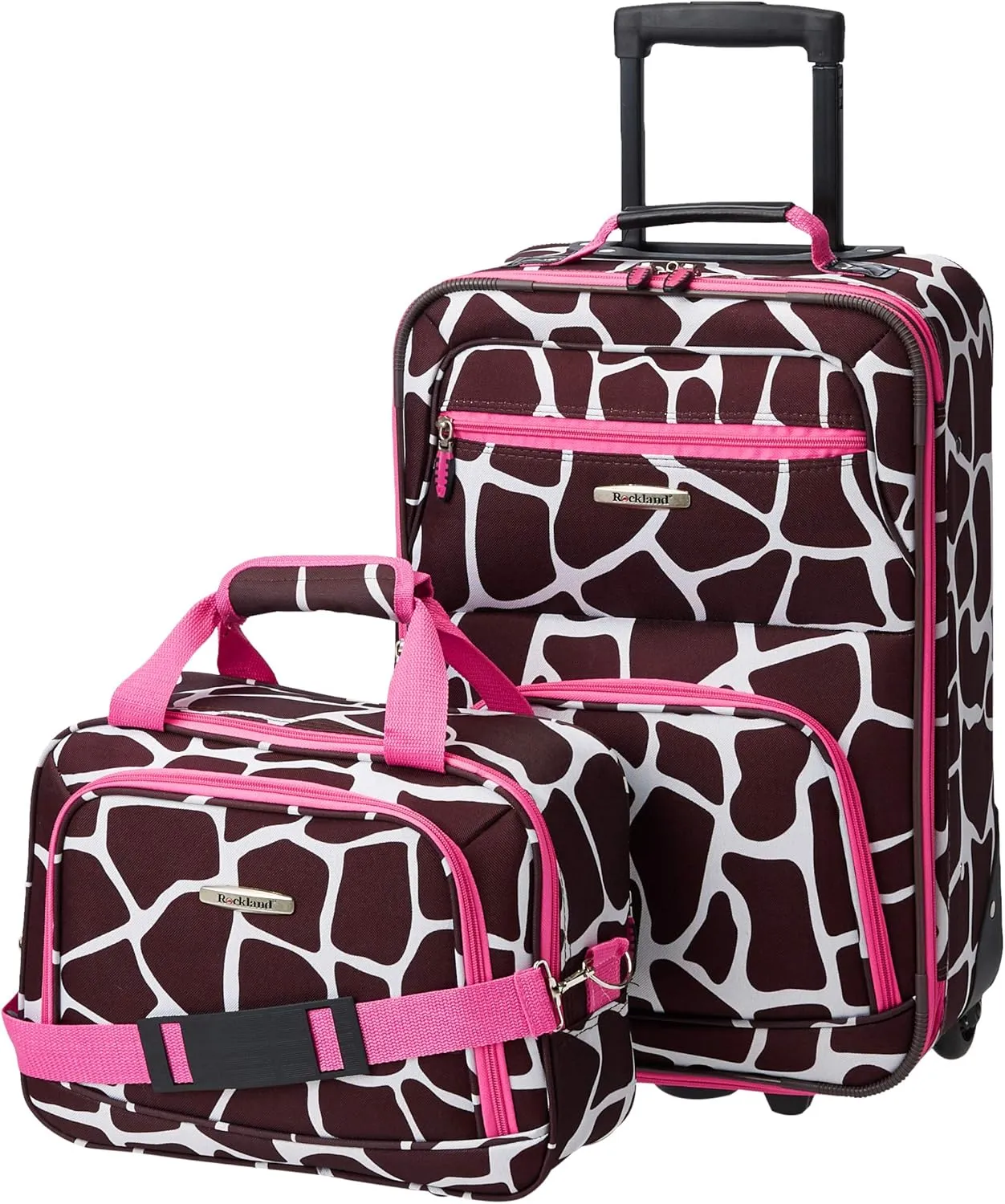 Rockland Fashion Softside Upright Luggage Set,Expandable, Pink Giraffe, 2-Piece (14/19)