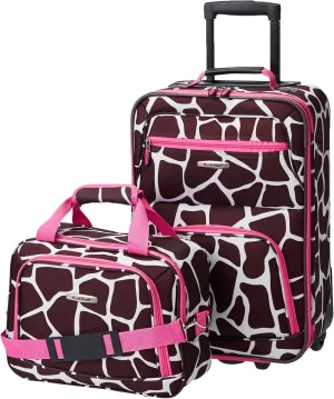Rockland Fashion Softside Upright Luggage Set,Expandable, Pink Giraffe, 2-Piece (14/19)